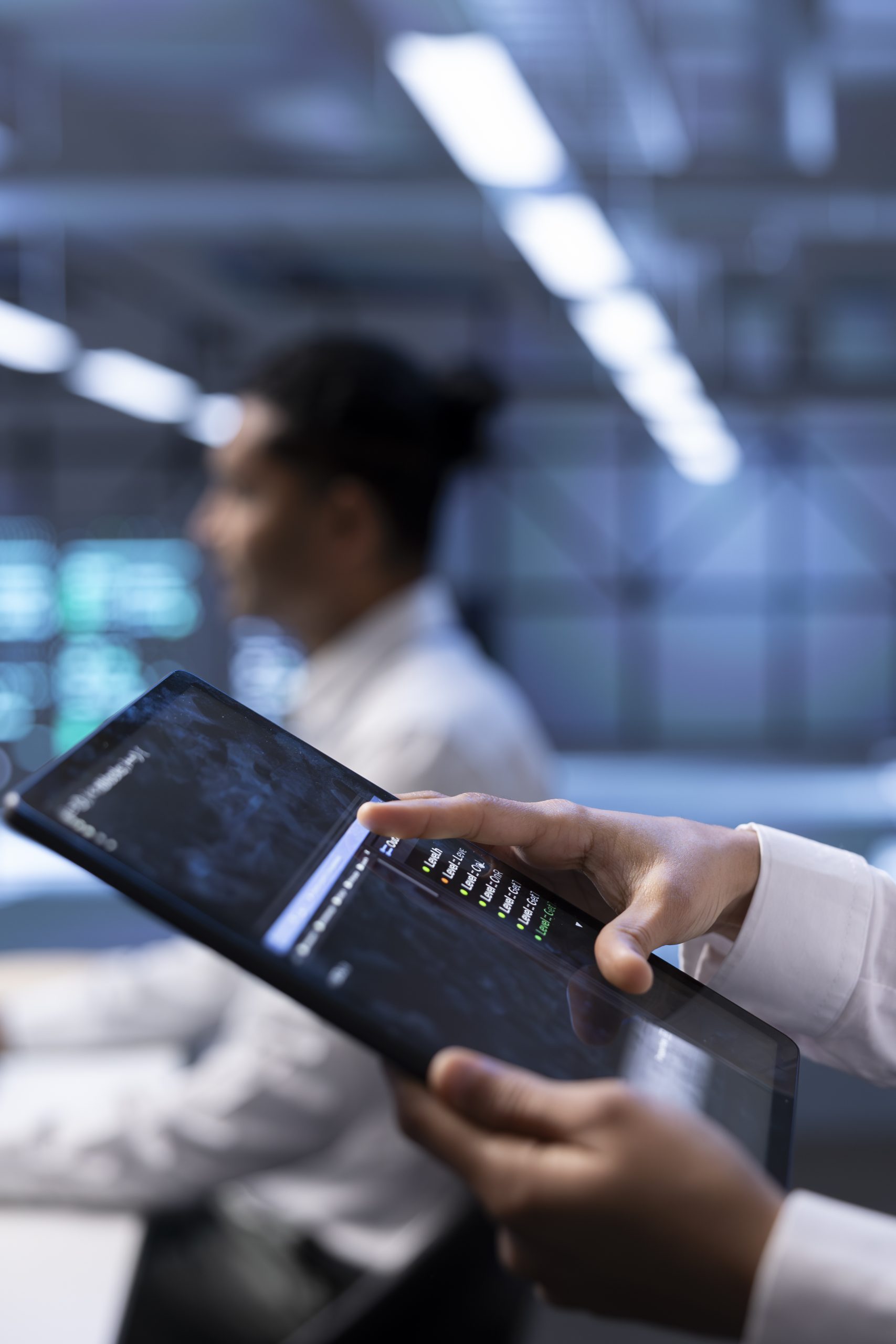 Computer scientist using tablet, optimizing data center performance, close up
