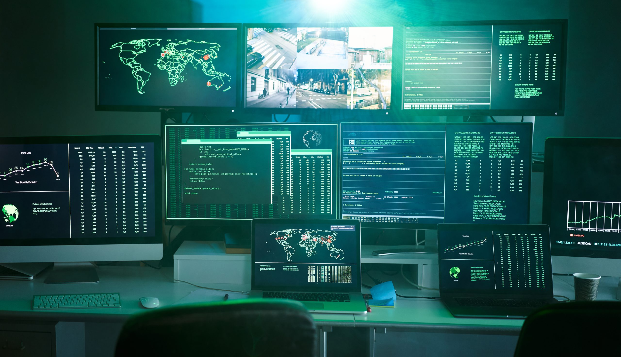 Control room monitoring surveillance video camera control city – Empty space dark room office